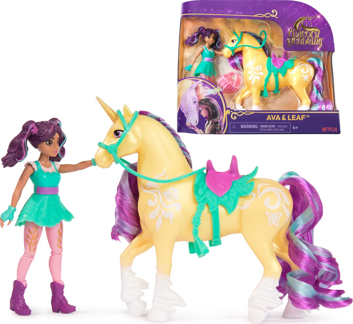 Poupée Unicorn Academy Ava Unicorn Leaf - avec 2 accessoires d'équitation et une brosse - 12,7 cm - ensemble de figurines de jeu