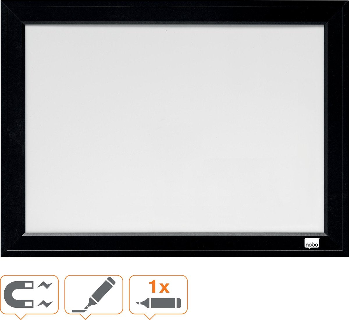 Tableau blanc magnétique Nobo avec cadre noir - 58,5 x 43 cm - avec kit de montage, aimants et marqueur