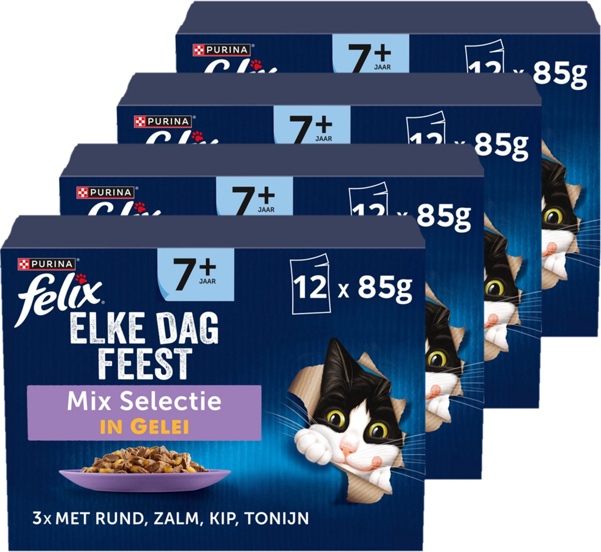 Felix Every Day Party 7+ Senior Mix Selection - nourriture humide pour chats - saumon thon poulet boeuf - 48 x 85 g