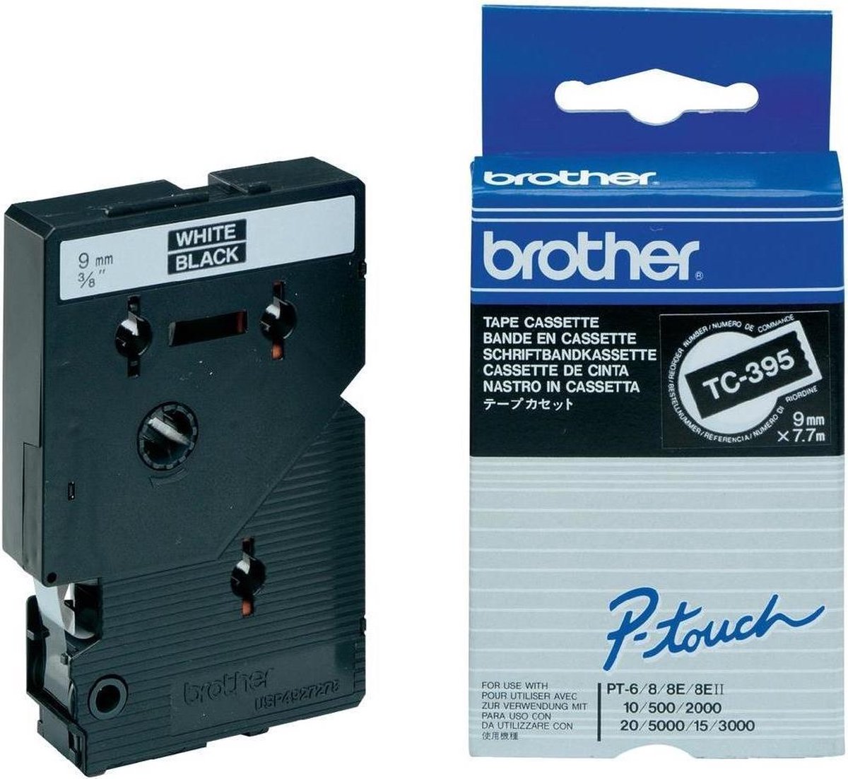 Brother p-touch tc-395 blanc sur noir 9mm