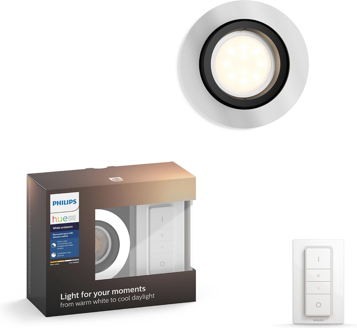 Philips hue milliskin recessed inbouwspot - white ambiance - gu10 - aluminium - 6w- rond - incl. dimmer switch