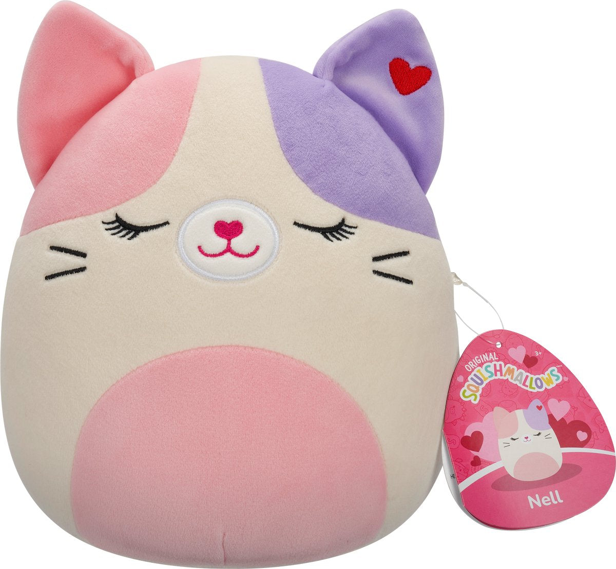 Squishmallows squishmallow saint valentin - peluche nell 19cm - chat calico rose et violet avec ventre rose, yeux fermés et coeur