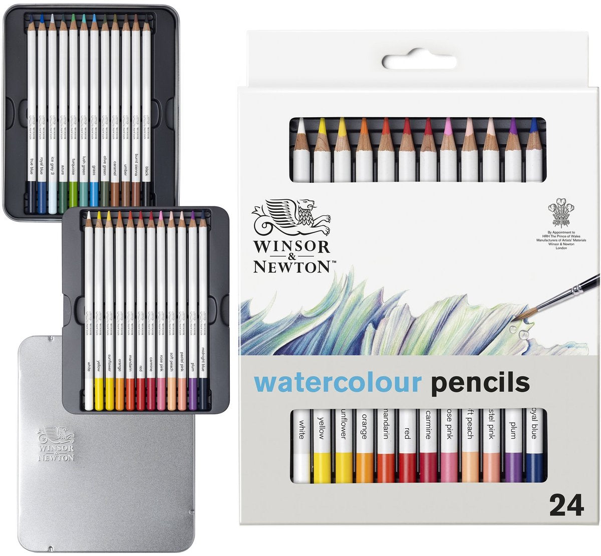 Winsor Newton 0490015 Studio Collection Crayons aquarelle Set 24 pièces – Crayons aquarelle Dikcores dans un étui en métal