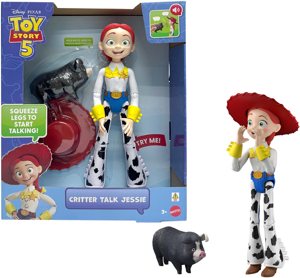 Mattel Disney et Pixar Toy Story 5 Animal Talk Jessie - figurine articulée 30 cm et cochon JD avec 35 sons - Français