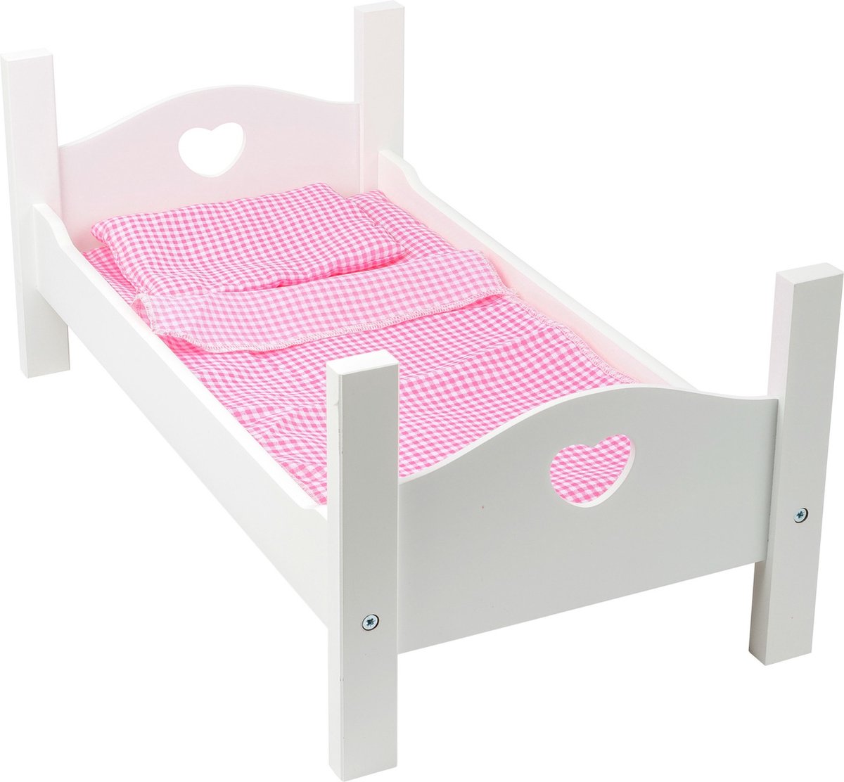 Lit de poupée en bois petit pied avec literie 50 cm blanc rose