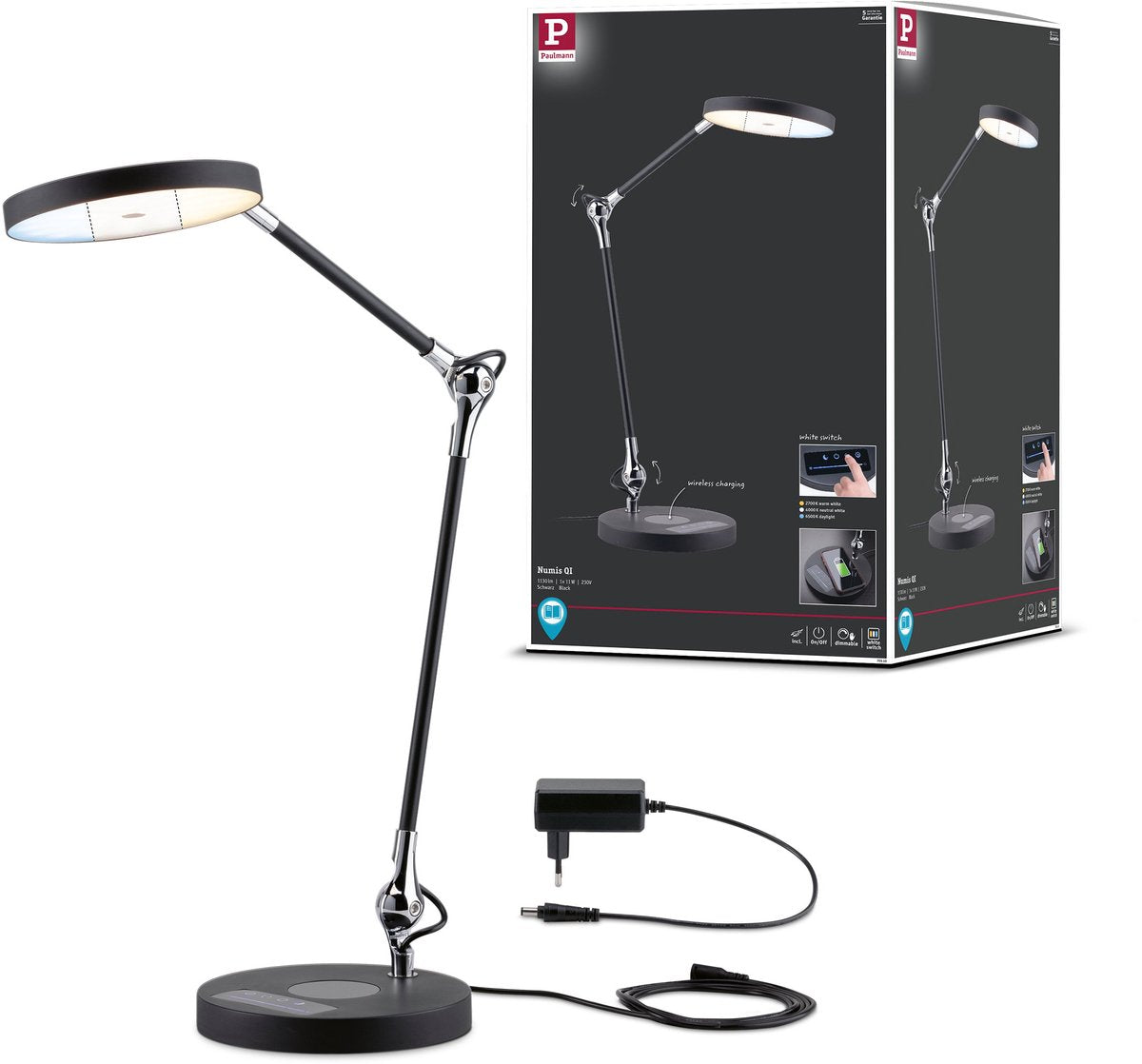 Paulmann lampe de bureau LED numis qi blanc interrupteur 1000lm 11w noir