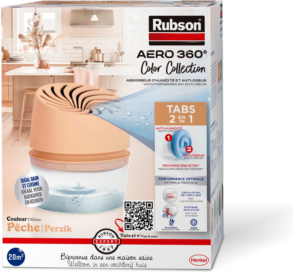 Rubson absorbeur d'humidité aero360 color collection pêche boîte 450g | dispositif déshumidificateur captant l'humidité | déshumidificateur | absorbeur d'humidité à l'intérieur.