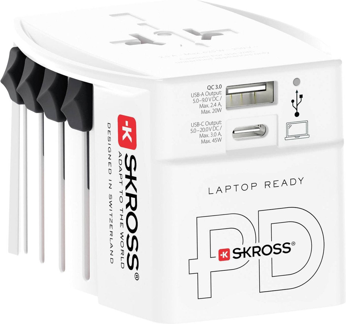 Skross - adaptateur voyage monde sauf pro 2 broches + 1 chargeur rapide USB + 1 type c 2500 ma blanc