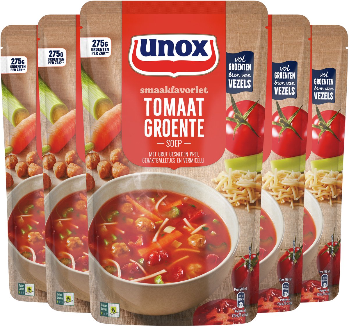 Soupe préférée saveur Unox en sachet - légumes tomates - une soupe garnie de délicieux légumes et boulettes de viande - 5 x 570 ml