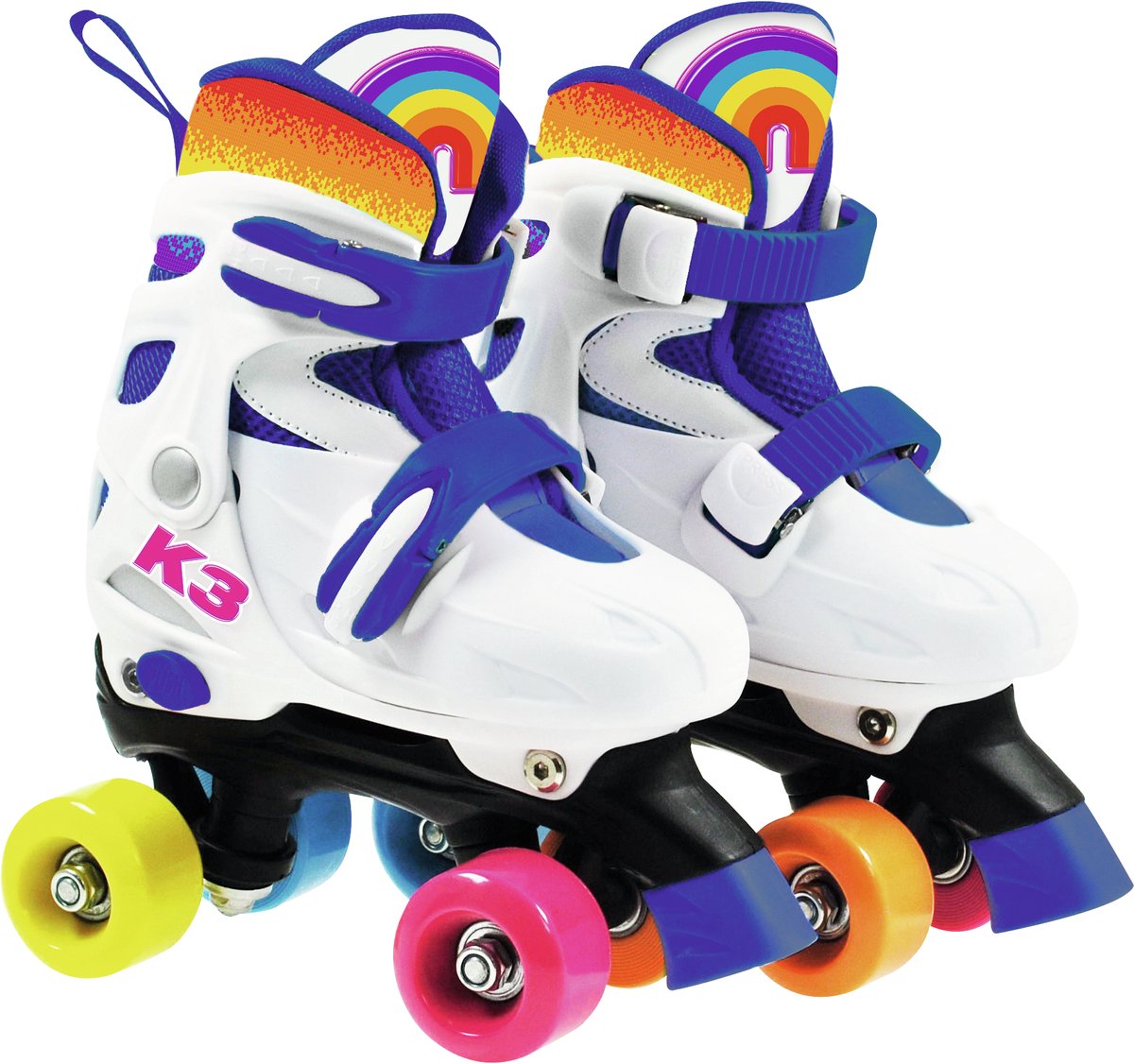 K3 - patins à roulettes - taille 30 33 - réglable en 4 tailles - avec butée - blanc - arc-en-ciel - avec roues en 4 couleurs