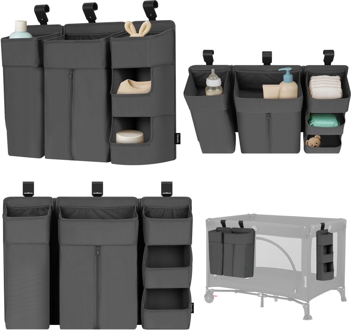 Lionelo sidepocket large – organiseur de berceau à poche de chevet 58×11×58 cm – conception modulaire en 3 parties avec poche zippée – pour lit de voyage, boîte cododo – renforcé, multifonctionnel amovible – couches, lingettes accessoires