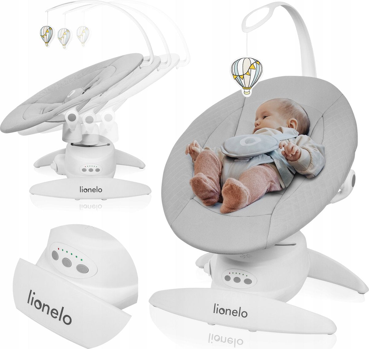 Balançoire bébé Lionelo iris premium - Siège rotatif à 360° - 3 positions de dossier - 3 mouvements de balancement - 5 vitesses - 12 mélodies - arche de jeu - rembourrage lavable - jusqu'à 9 kg - transat bébé à bascule