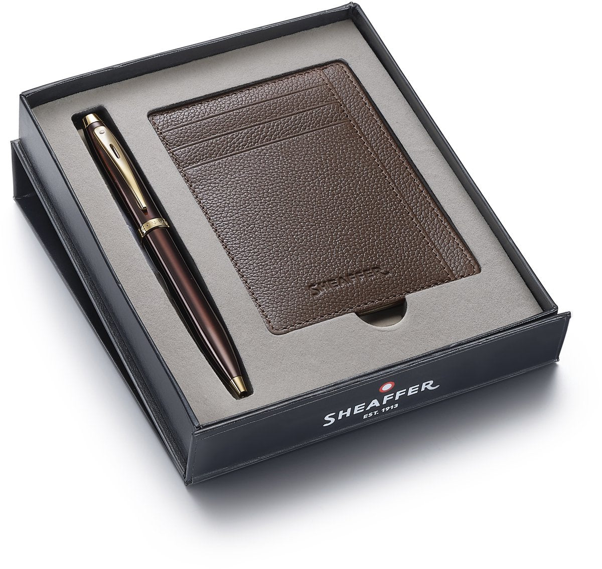 Coffret cadeau stylo à bille Sheaffer 100 9370 - ton or marron brillant - avec porte-carte de crédit - moka rustique - sf-g2937051-2