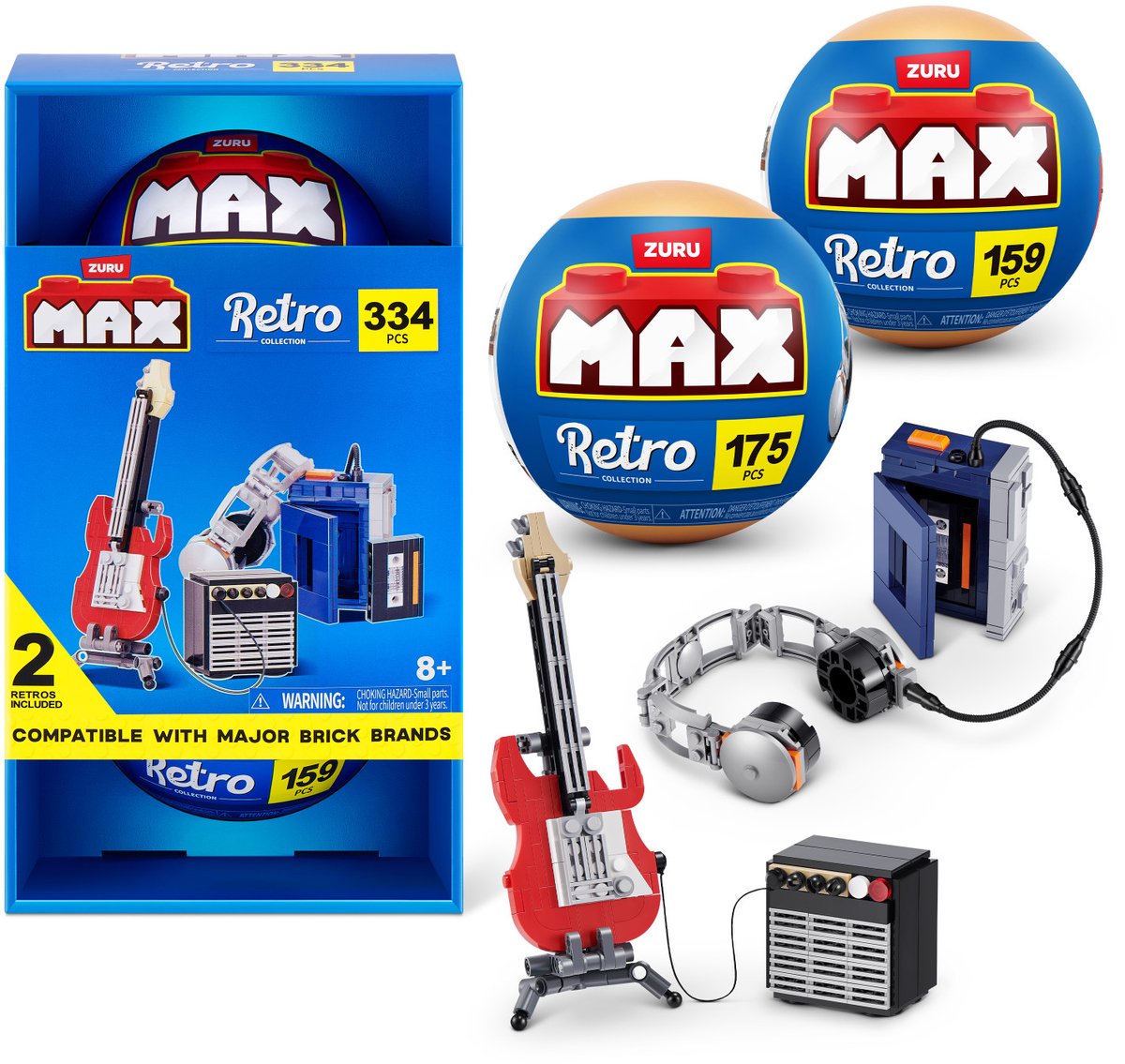 Max build more collection de briques de construction rétro s2 premium, pack de 2 (guitare baladeur et amplificateur) par zuru