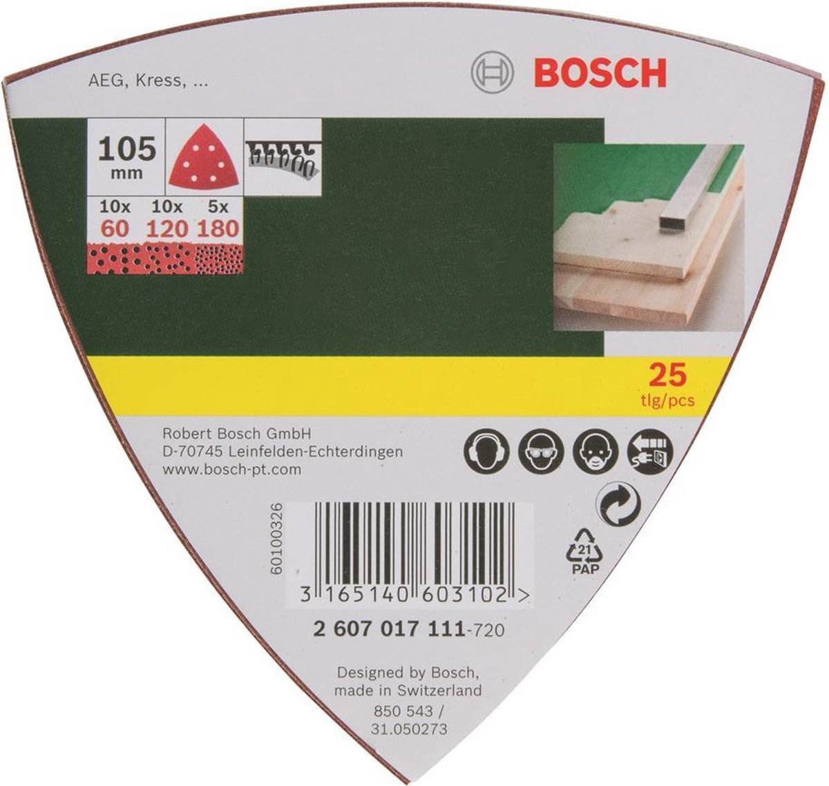 Jeu de 25 feuilles abrasives Bosch pour ponceuses Delta 105 mm - grain 60 ; 120 ; 180