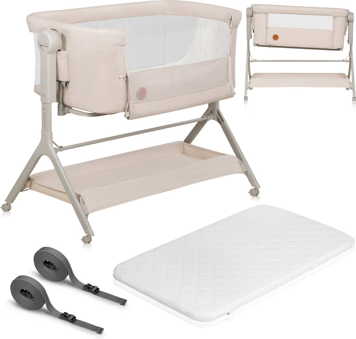 Lionelo Leonie Plus - lit bébé et lit bébé cododo 3 en 1 - lit bébé jusqu'à 9 kg - réglage en hauteur sur 6 niveaux - fonction bascule - matelas T25 - panier de rangement - roulettes - housses amovibles