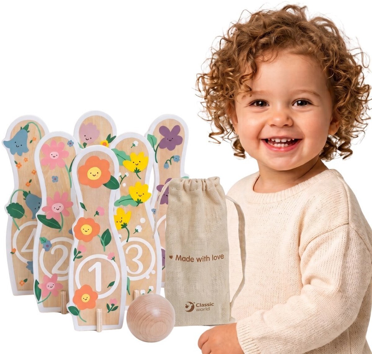 Jeu de quilles en bois classique du monde, fleurs, 14 pièces