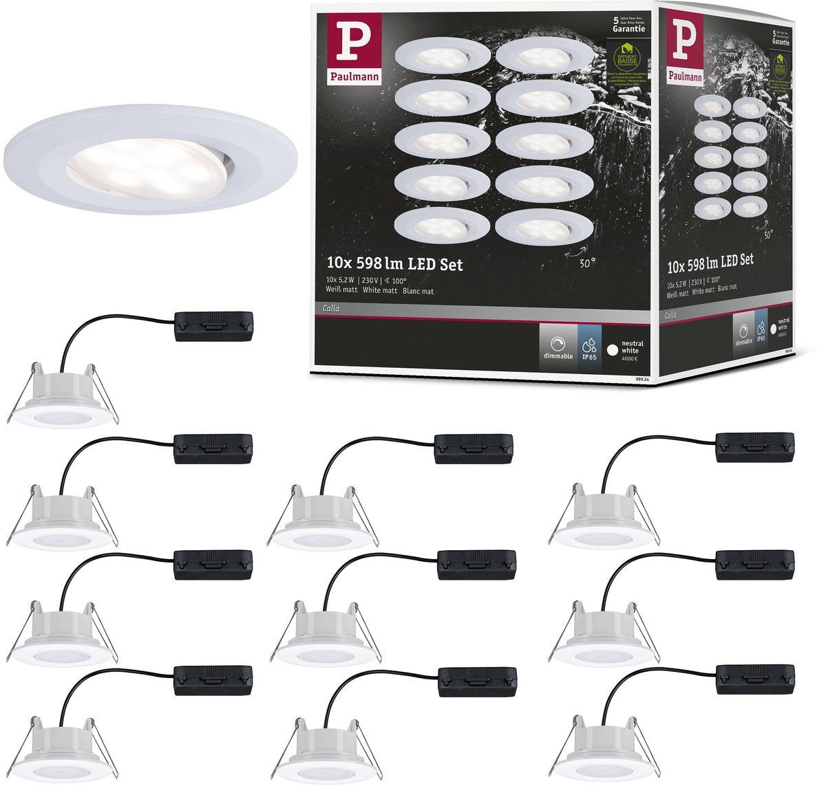 Paulmann lampe à encastrer LED Calla set de base orientable IP65 rond 90 mm 30° 10x5,2W 10x460lm 230V dimmable 4000K blanc mat