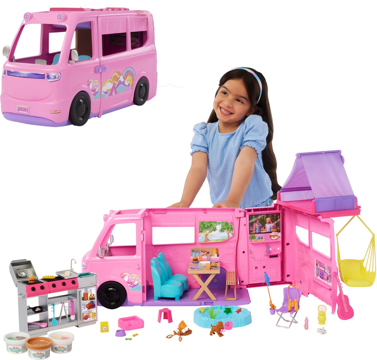 Barbie dream camper - coffret de jeu avec tente de toit, barbecue et plus de 60 accessoires