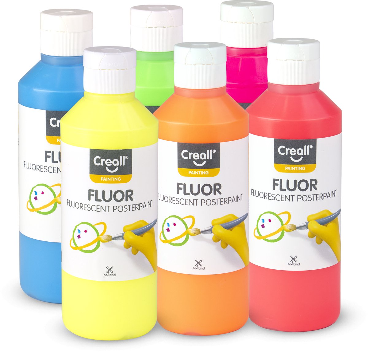 Creall gouache set - fluoro - peinture fluorescente - set de 6 couleurs fluorescentes - 6x250ml - pour enfants et créatifs - fabriqué aux Pays-Bas