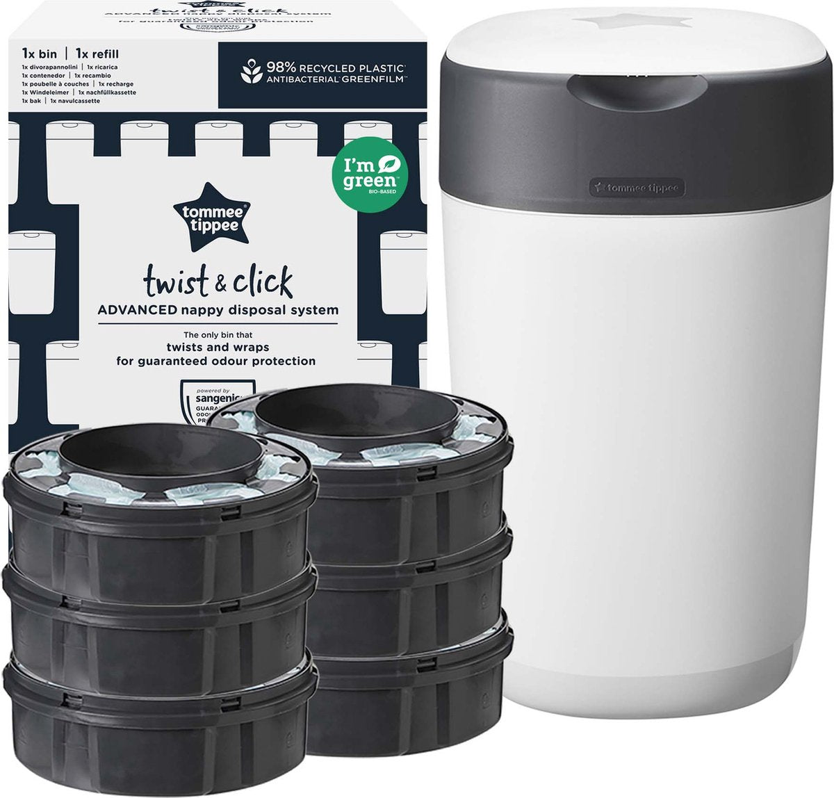Tommee tippee twist click seau à couches starter set - 6 recharges - blanc