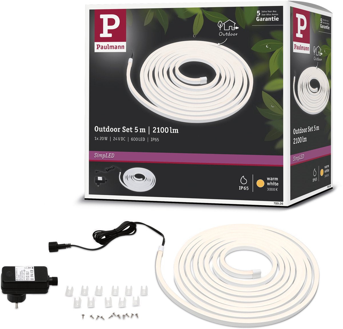 Bande LED d'extérieur Paulmann simpled 5 mètres blanc chaud - kit plug play - 20w - 24v - blanc - plastique