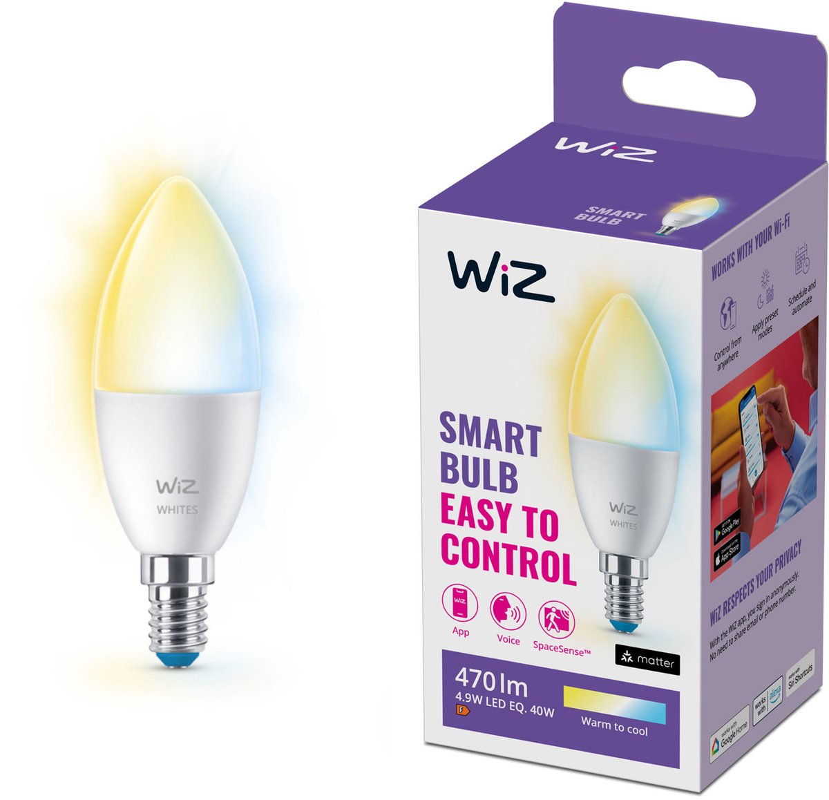 Lampe bougie Wiz - lumière blanche chaude à froide - éclairage LED intelligent - culot E14 - 40w - mat - wi-fi