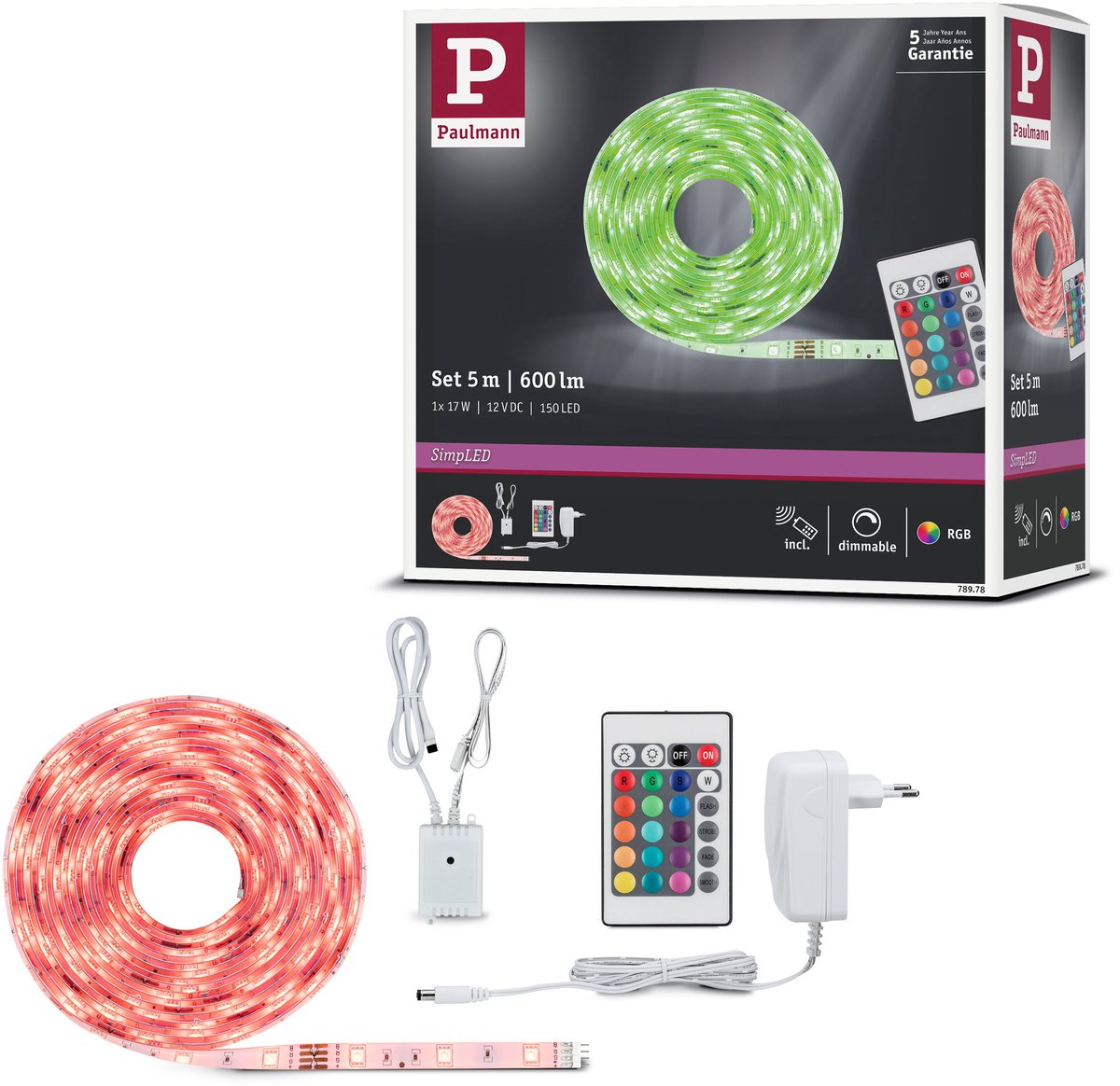 Paulmann simpled led strip 5 meter rgb - plug play set - 17w - 12v - wit - metaal kunststof