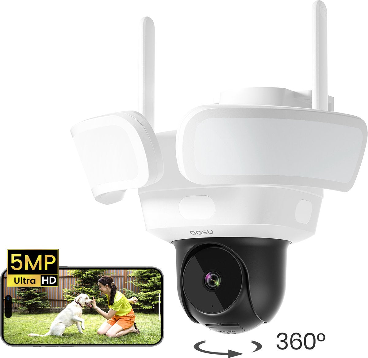 Aosu Floodlight Cam Pro - Caméra de sécurité 5MP - Vue 360° - Suivi AI - Vision nocturne en couleur