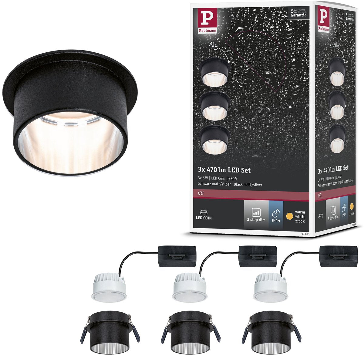 Paulmann Lampe à encastrer LED 3 niveaux Gil Coin set de base IP44 rond 68 mm coin 3x6W 3x470lm 230V dimmable 2700K noir mat, acier brossé