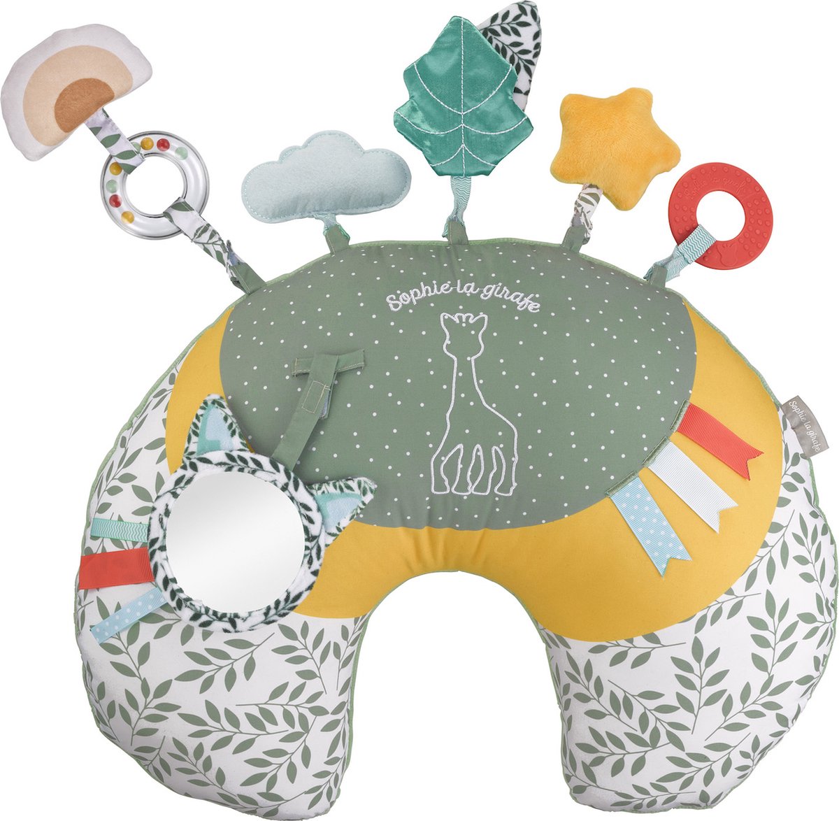 Coussin de jeu douillet Sophie la girafe - temps sur le ventre - coussin d'activité - jouets bébé - cadeau de maternité - cadeau baby shower - à partir de 0 mois - 45 x 13 x 35 cm - vert jaune blanc