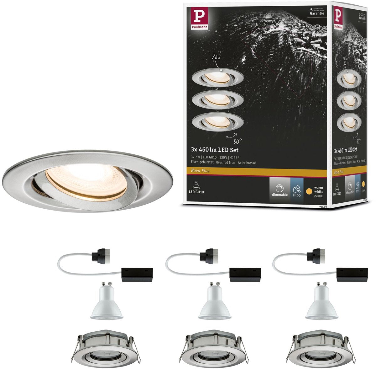 Paulmann lampe encastrable LED Nova Plus lot de 3 orientable IP65 ronde 93 mm 30° Gu10 3x7W 3x460lm 230V dimmable 2700K acier brossé