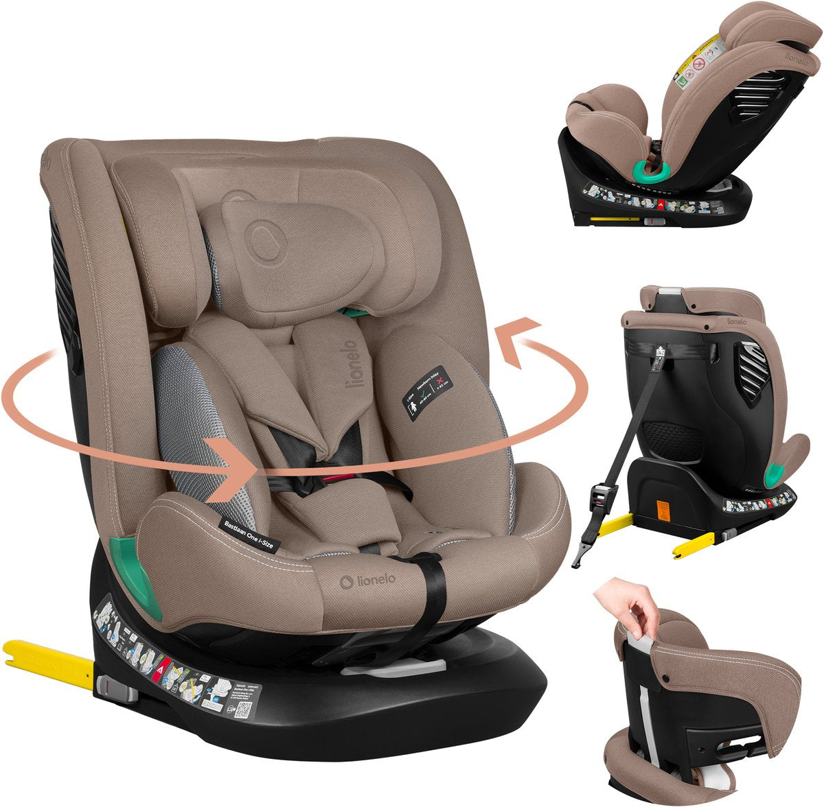 Siège auto Lionelo Bastiaan One i‑size – attache supérieure ISOFIX 4 en 1 – vers l'arrière – base pivotante à 360° – appui-tête réglable en mousse à mémoire de forme – 40–150 cm – utilisation longue durée haut niveau de sécurité