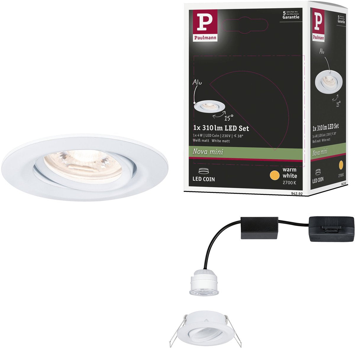 Paulmann lampe à encastrer LED nova mini coin lampe simple orientable ronde 66 mm 15° coin 4w 310lm 230v 2700k blanc mat