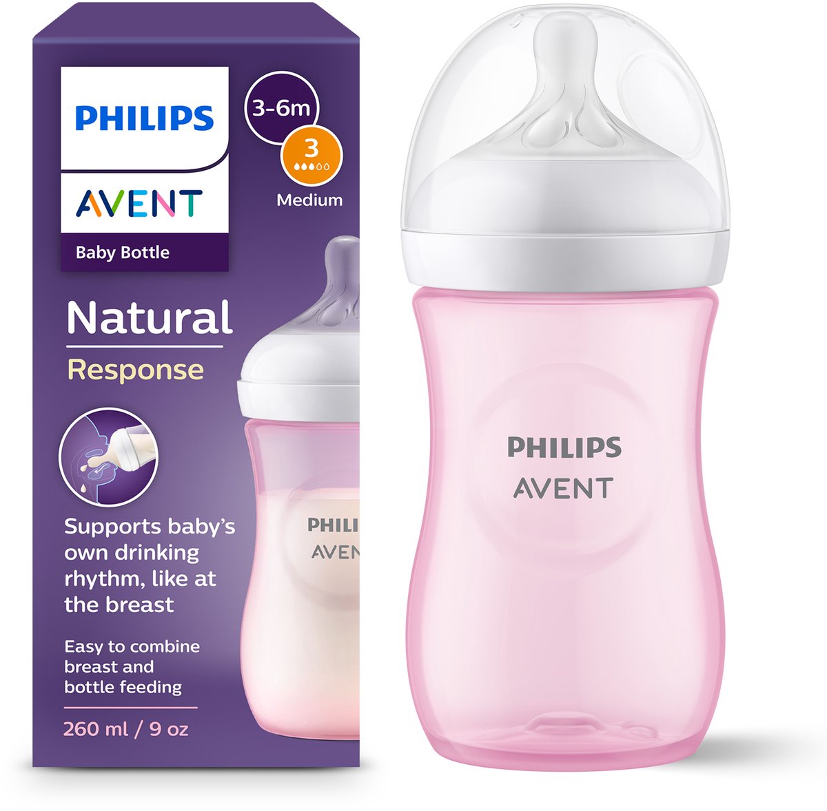 Biberon Philips avent natural réponse 260 ml – débit 3 – rose-1 biberon - scy903 11