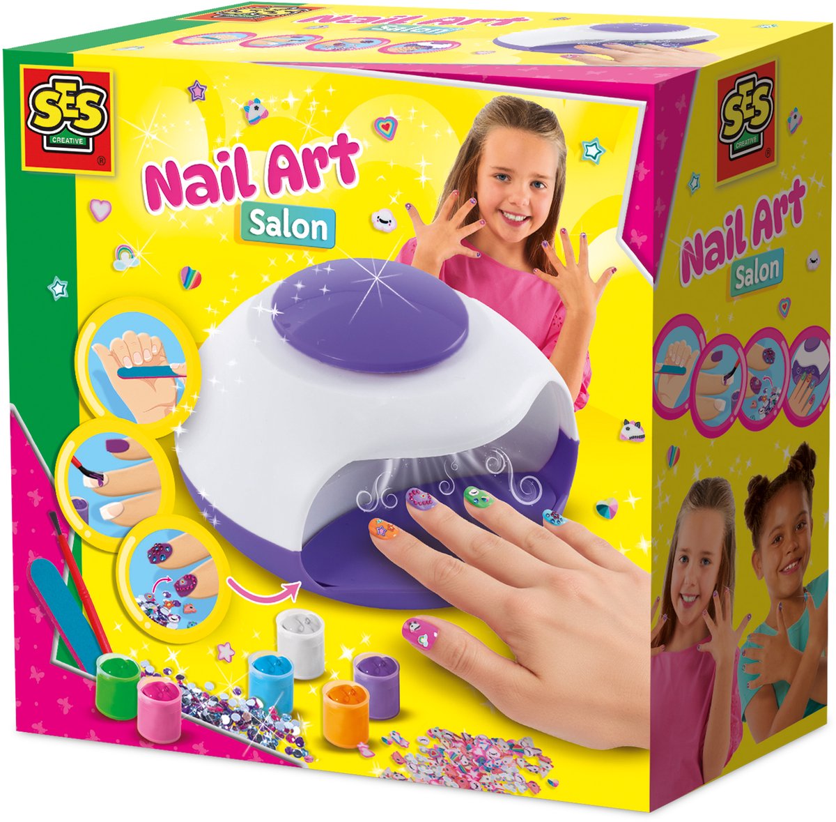 Ses creative - salon de nail art - vernis à ongles pour enfants - sèche-ongles à piles - 6 couleurs de vernis à ongles - décorations licorne - lime à ongles - diamants pailletés - facile à enlever - fabriqué en Hollande - à partir de 6 ans
