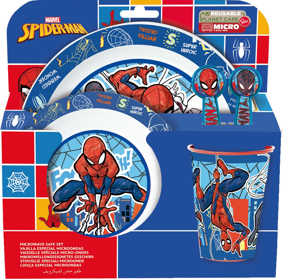 Vaisselle pour enfants Stor Marvel's Spider-Man - 5 pièces - réutilisable - comprenant assiette, bol, couverts et tasse - passe au lave-vaisselle et au micro-ondes sans BPA - blanc bleu rouge