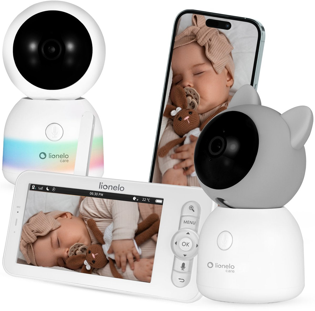 Lionelo Babyline 9.2 AI - babyphone avec AI - caméra Full HD - veilleuse - détection de cris - détection de mouvement - capteur de température et d'humidité - communication bidirectionnelle - mode VOX - connectivité application - rappel d'alimentation
