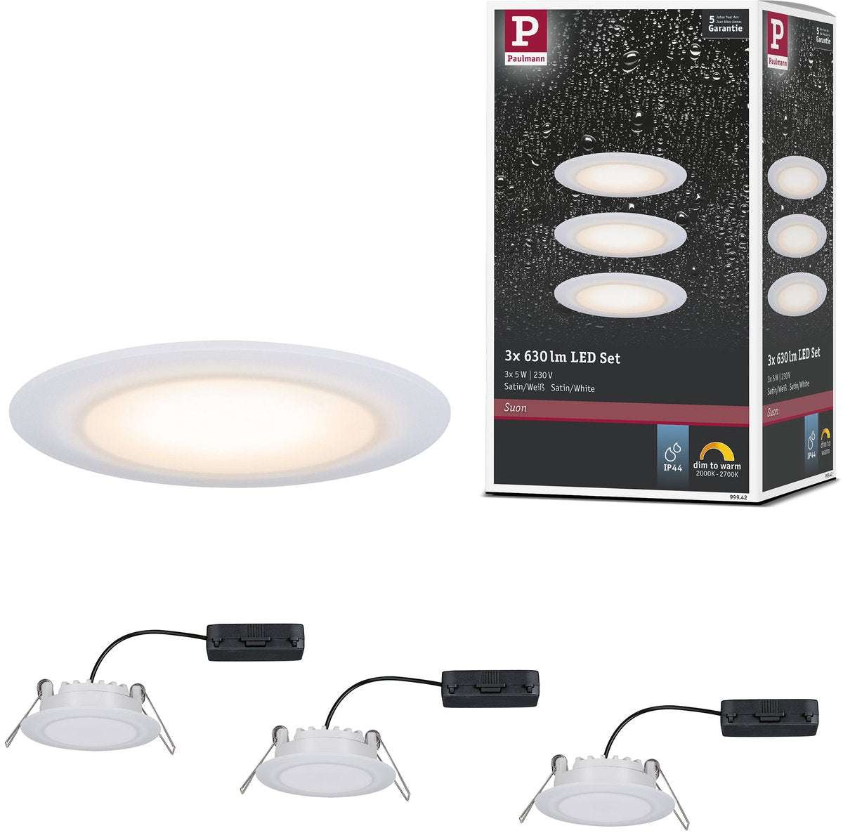 Paulmann premium Lampe encastrable LED dim to warm suon basic set ip44 rond 90 mm 3x5w 3x450lm 230v dimmable dim to warm satiné, blanc