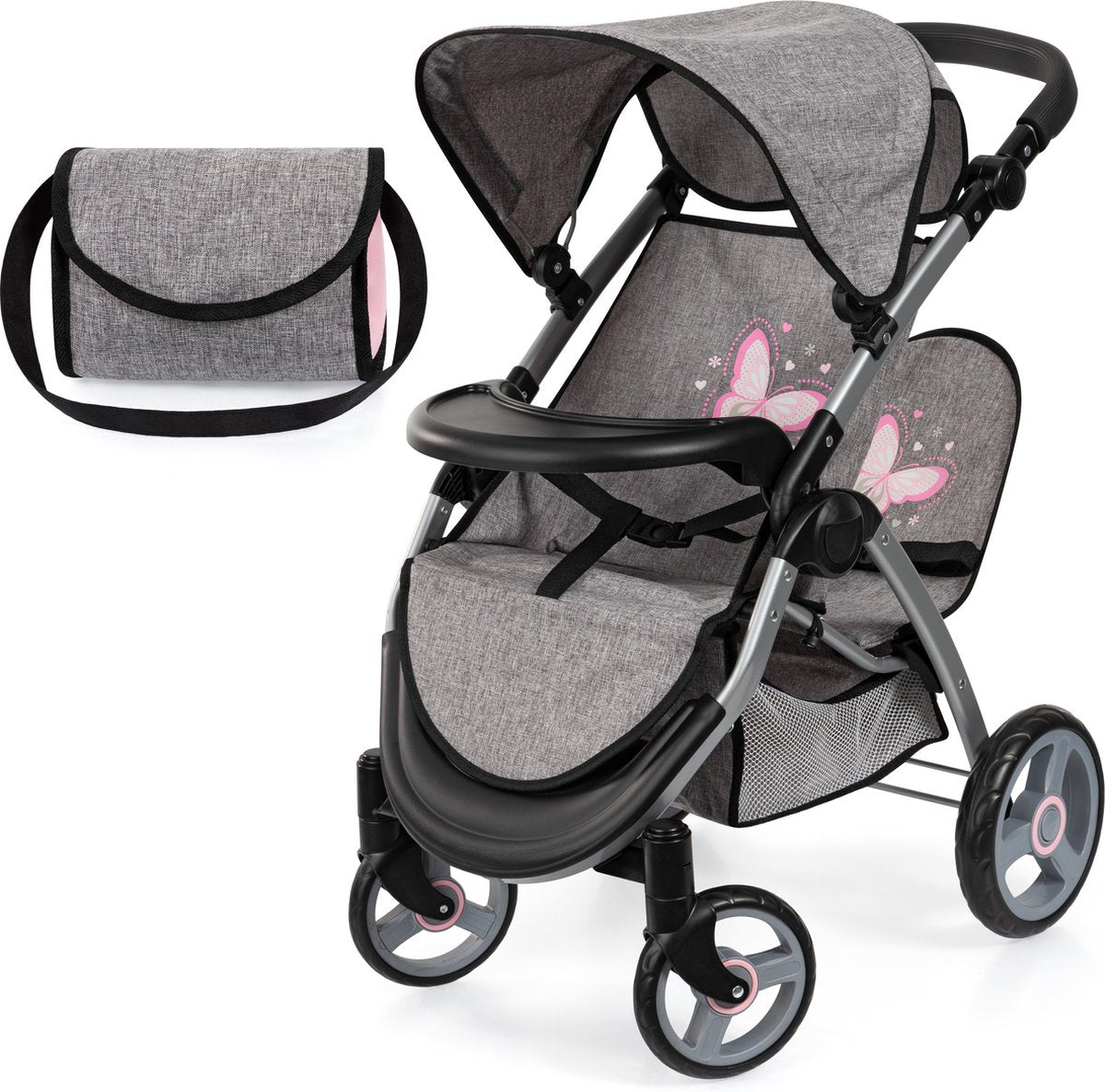 Bayer design landau pour poupée jumeau twin xeo, landau pour poupée double, barre de poussée réglable, sac en jean gris, rose