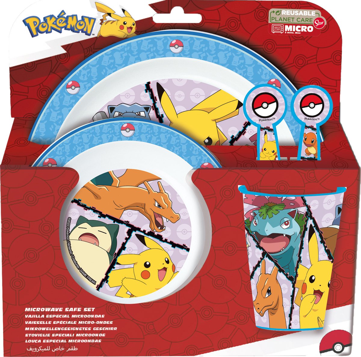 Vaisselle pour enfants Stor Pokémon - 5 pièces - réutilisable - comprenant assiette, bol, couverts et tasse - passe au lave-vaisselle et au micro-ondes sans BPA - blanc bleu