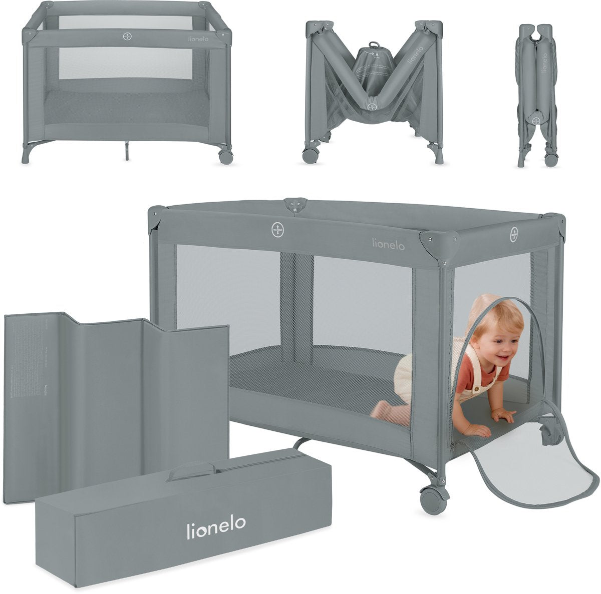 Lit de camping Lionelo Amelie 3en1 : lit bébé + lit parapluie + parc – avec matelas confortable – compact et léger – entrée latérale – sac de voyage – 70x100 cm