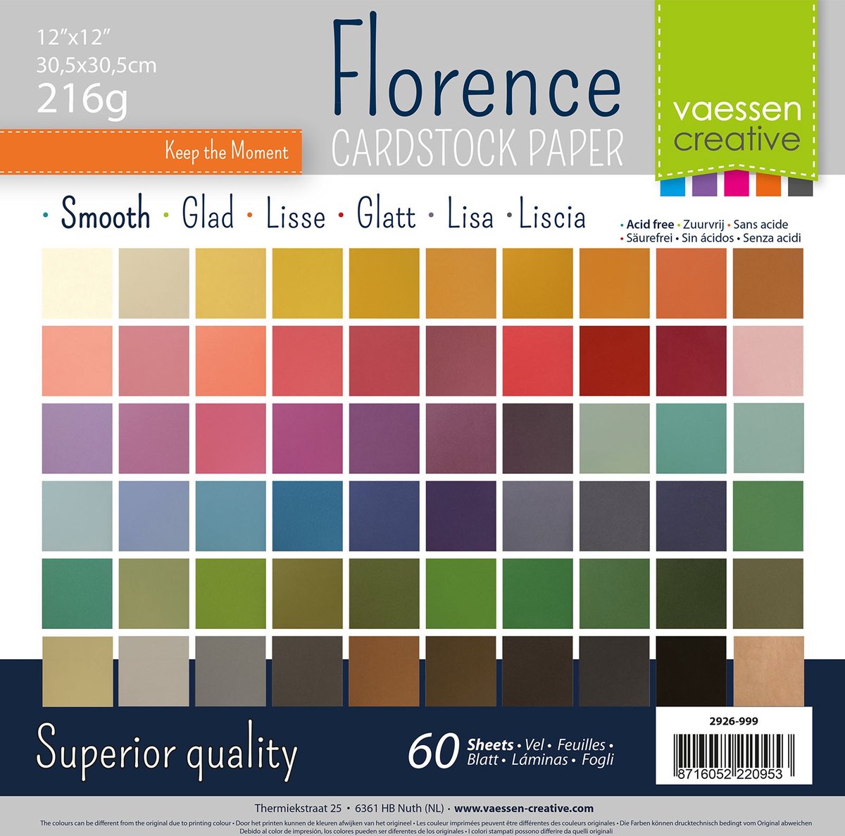 Vaessen creative florence cardstock - assortiment - 305x305mm - gladde textuur - 216g - 60 vellen