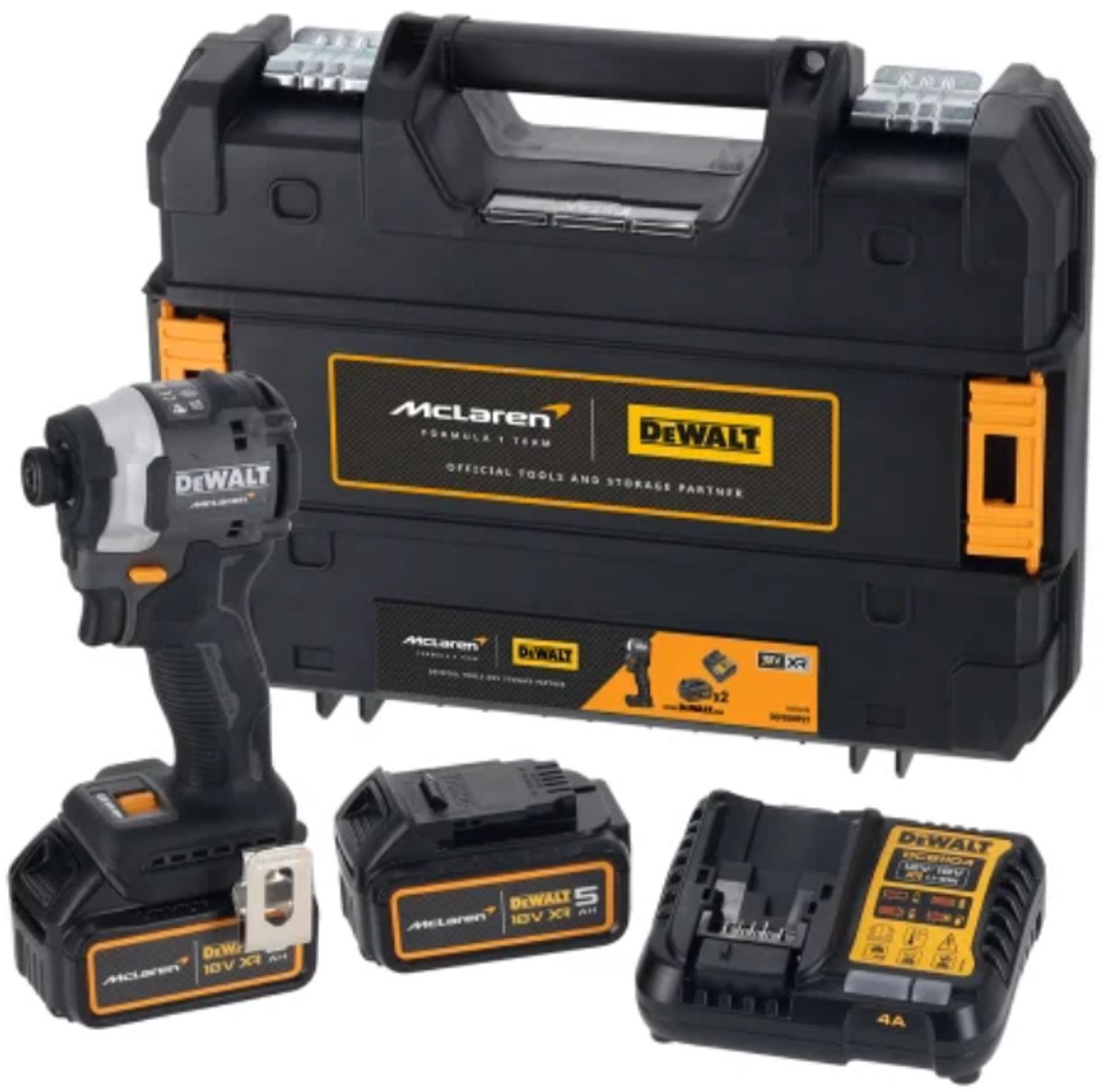 Clé à chocs à batterie Dewalt dcf85mp2t 18 volts, 2x batterie 5,0 ah xr, chargeur, au design mclaren et étui