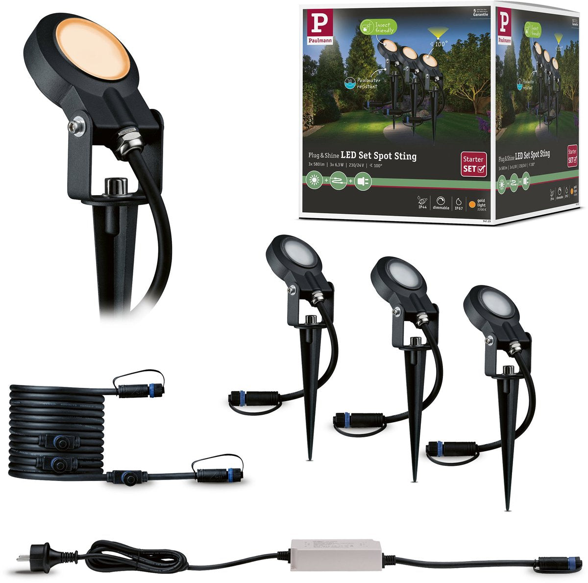 Paulmann plug Shine Spots de jardin LED Sting Kit de base sans insectes IP67 2200K 3x6,3W 75VA anthracite