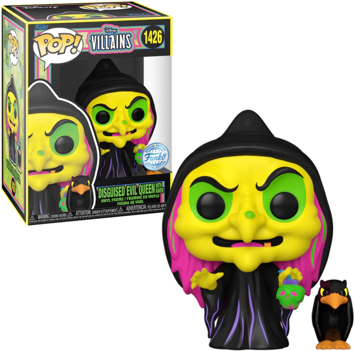 Funko-pop ! Méchants Disney : Méchante Reine Déguisée avec Corbeau #1426 Box Lunch Blacklight Exclusif