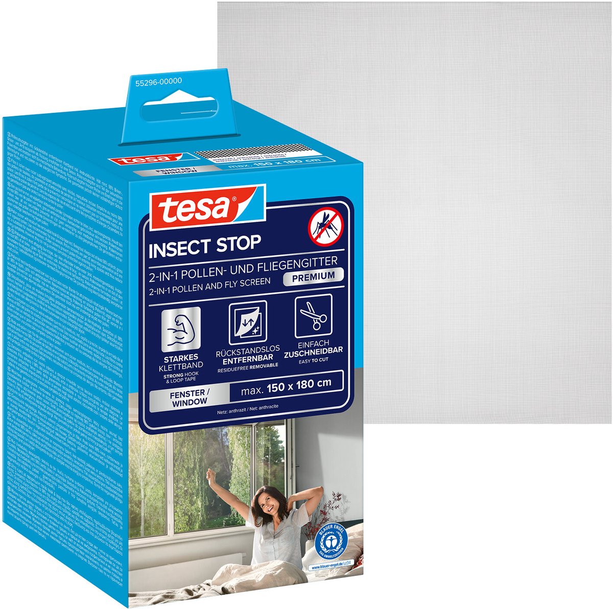Tesa Insect Stop 2 en 1 Moustiquaire et Moustiquaire Premium - Découpée sur Mesure, Protection Transparente contre le Pollen, Velcro Autocollant, Anthracite - 150 x 180 cm