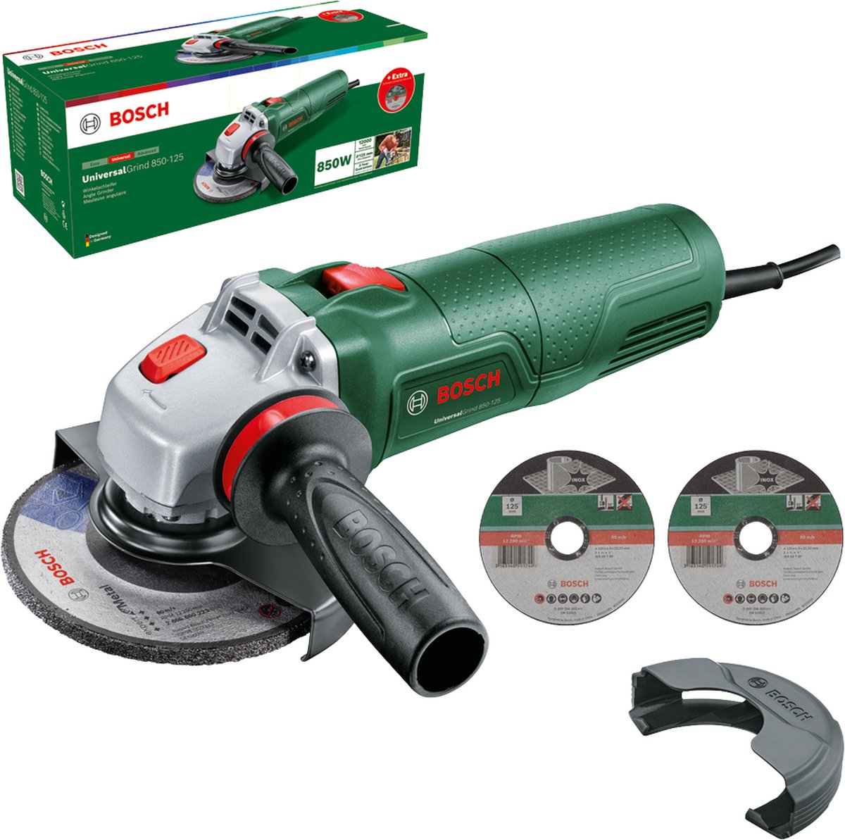 Bosch universalgrind 850-125 - meuleuse d'angle - avec poignée de contrôle des vibrations - capot de protection - capot de protection clipsable - disque de meulage - 2x disque à tronçonner