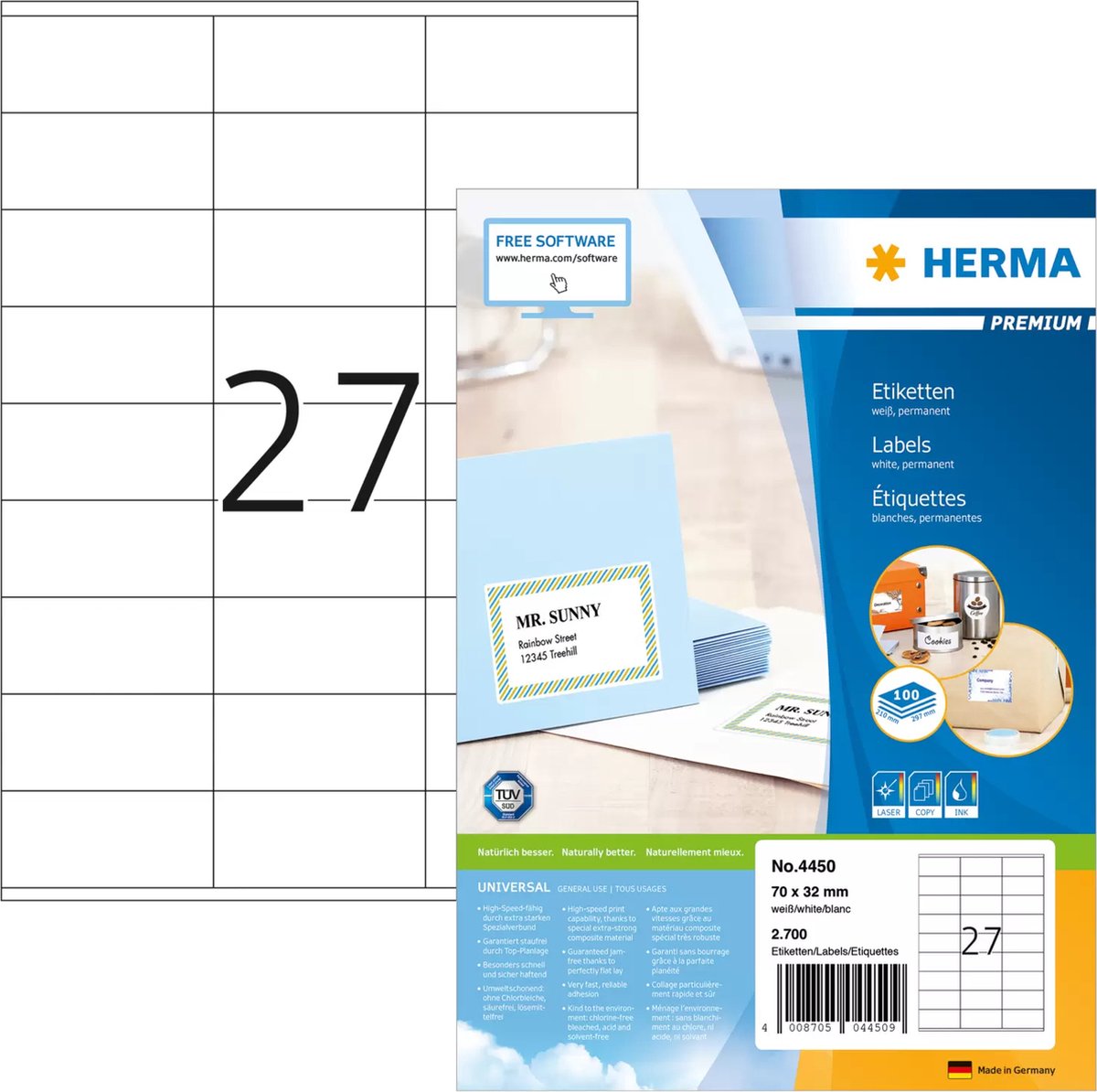 Sans marque herma prem. étiquettes blanches 70x32 100 feuilles din a4 2700 pièces 4450