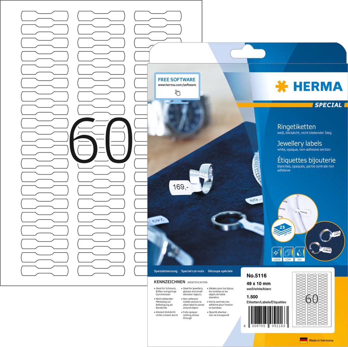 Herma étiquettes à anneaux blanches 49x10 25 feuilles DIN A4 1500 pièces 5116